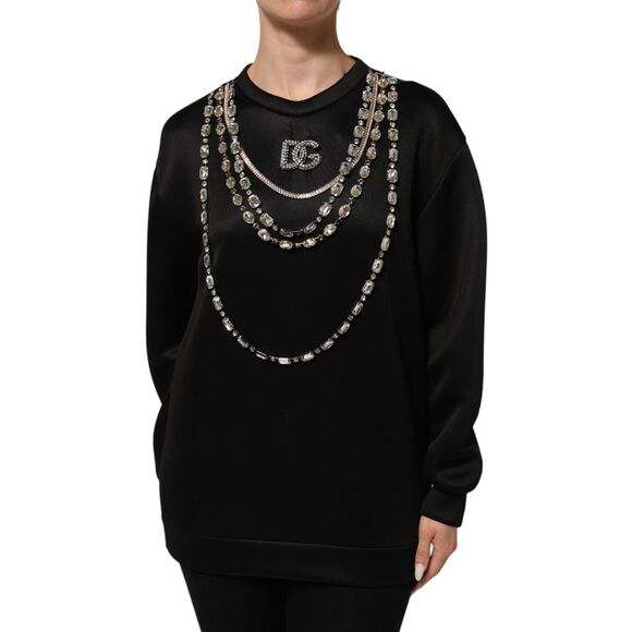 Dolce & Gabbana Black Necklace Crystal DG Logo Sweatshirt Women's Sweater